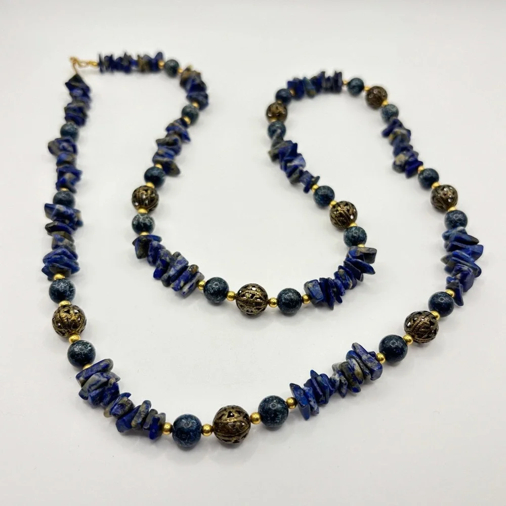 Vintage Lapis Lazuli Chips Filagree Beaded Necklace 31